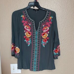 Andree Gray Floral Embroidered Blouse